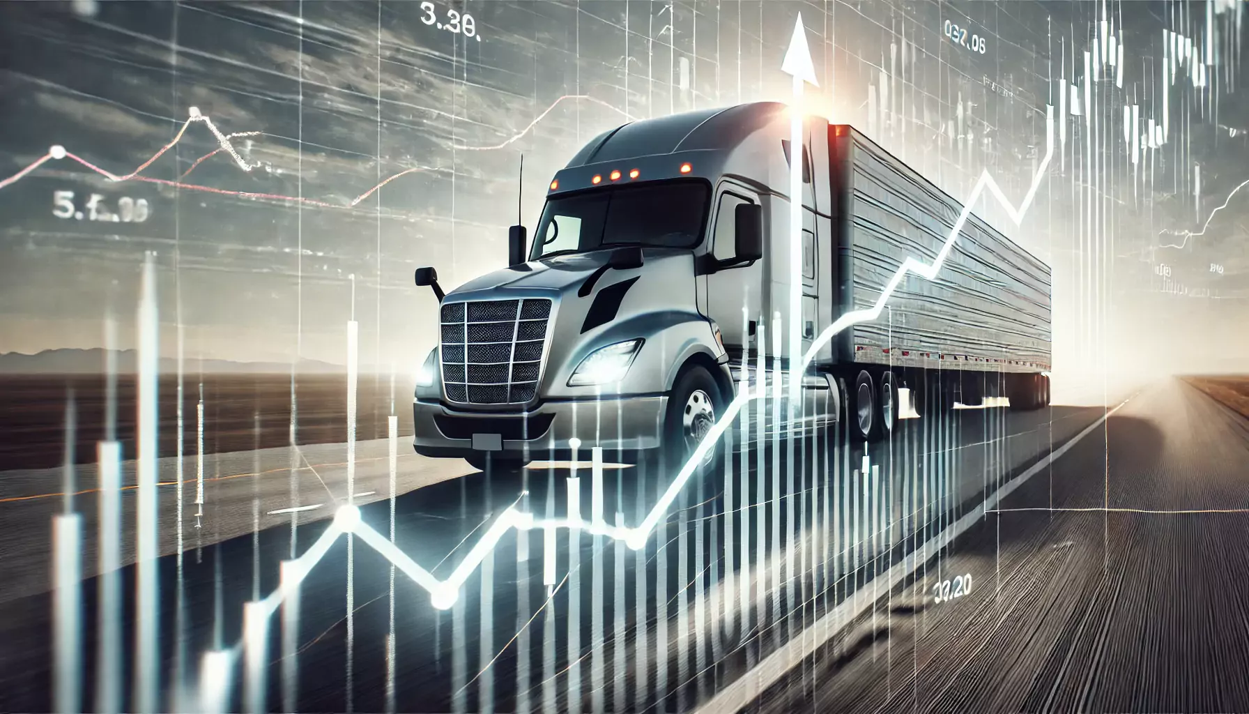 A semi truck races down the highway with upward-trending data overlaid.